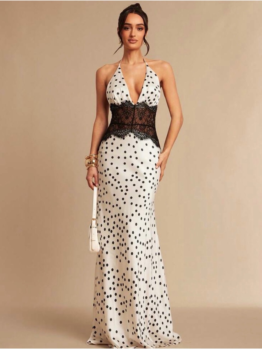 Polka Dot Halter Lace Waist Maxi Dress - White/Black